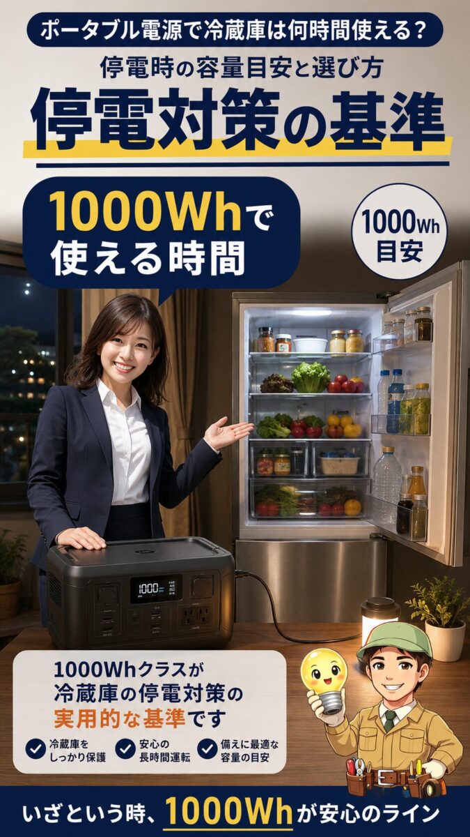1000Whのポータブル電源を停電時の冷蔵庫対策の基準として示す画像