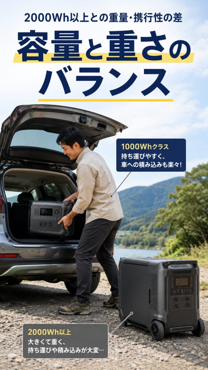 1000Whと2000Wh以上のポータブル電源の重量と携行性の差を示した縦型画像