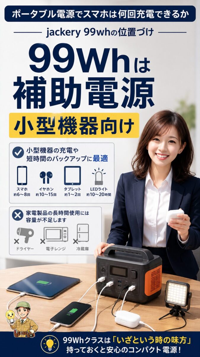99Whクラスのポータブル電源はスマホや小型機器向けの補助電源であることを示す縦型画像