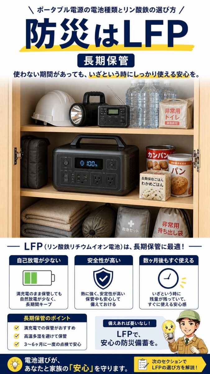 防災備蓄や長期保管に向くLFPポータブル電源を表す画像