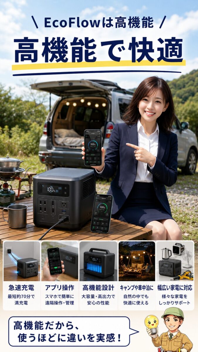 急速充電やアプリ操作など高機能なポータブル電源を使うイメージ