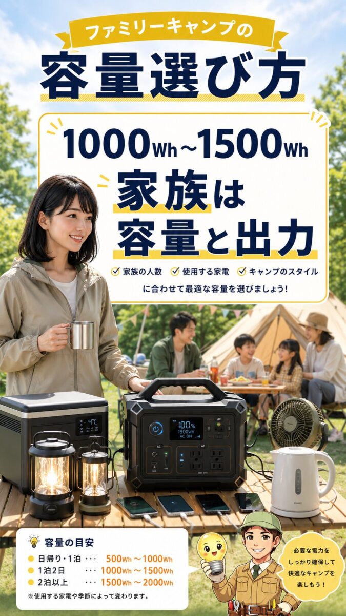 ファミリーキャンプで必要な1000Wh以上の容量と出力を示した縦型画像