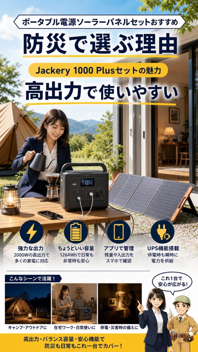Jackery 1000 Plusセットの高出力と使いやすさを表すイメージ