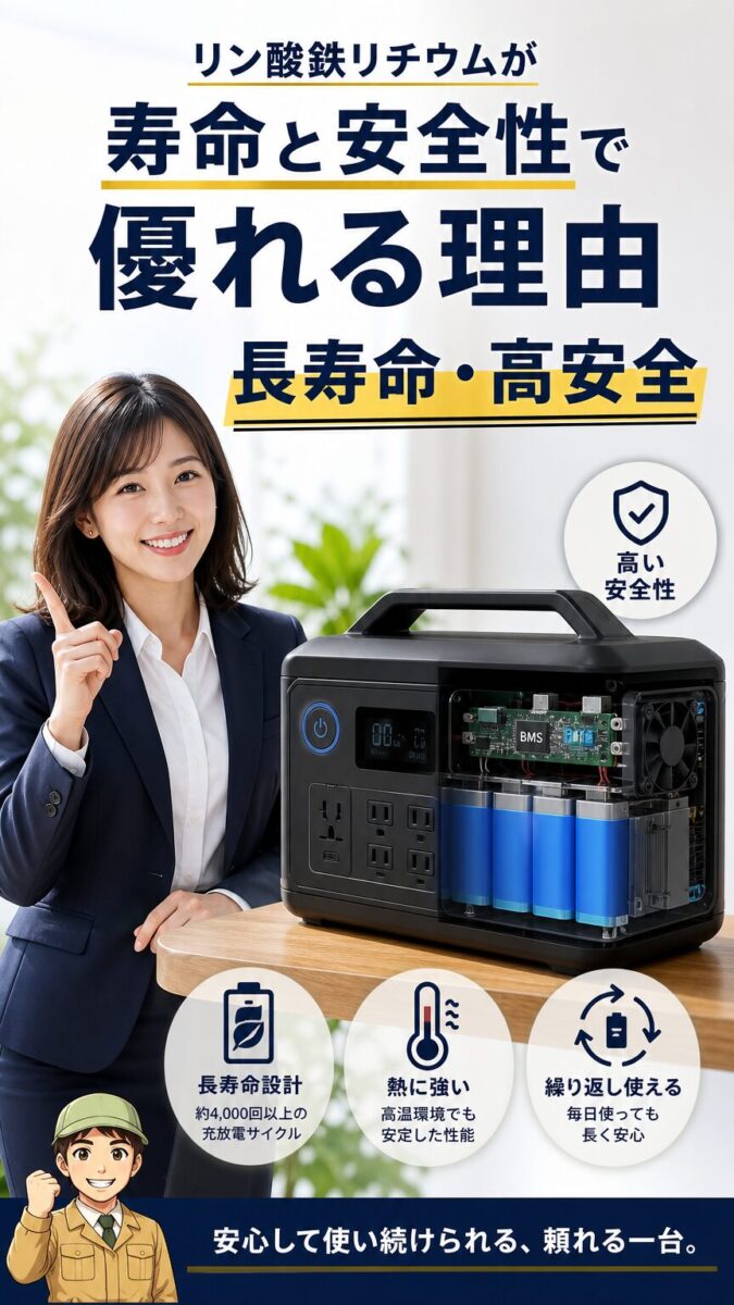 リン酸鉄リチウム電池の長寿命と安全性を表す画像