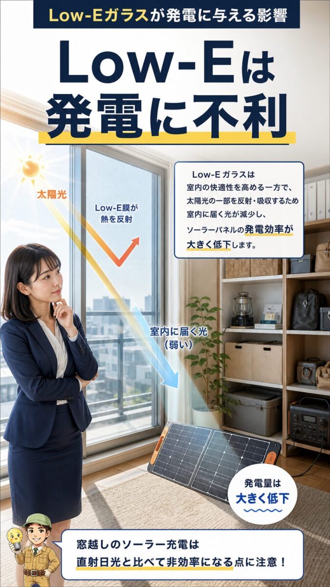 Low-Eガラスが太陽光を遮り窓越しソーラー充電を弱める画像