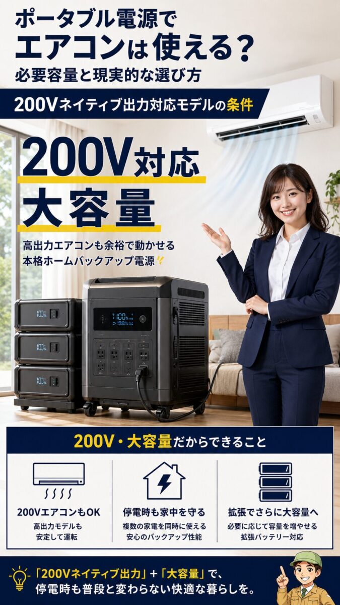 200Vネイティブ出力対応ポータブル電源の大容量バックアップ構成