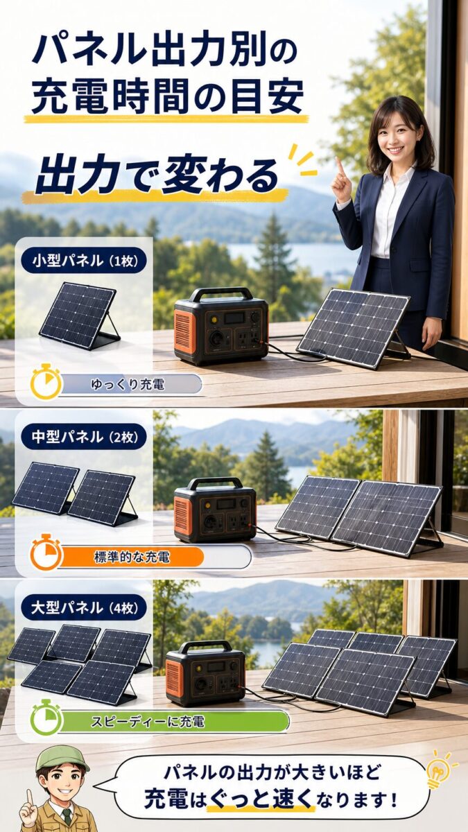 ソーラーパネルの出力別にポータブル電源の充電時間が変わることを示す縦型画像