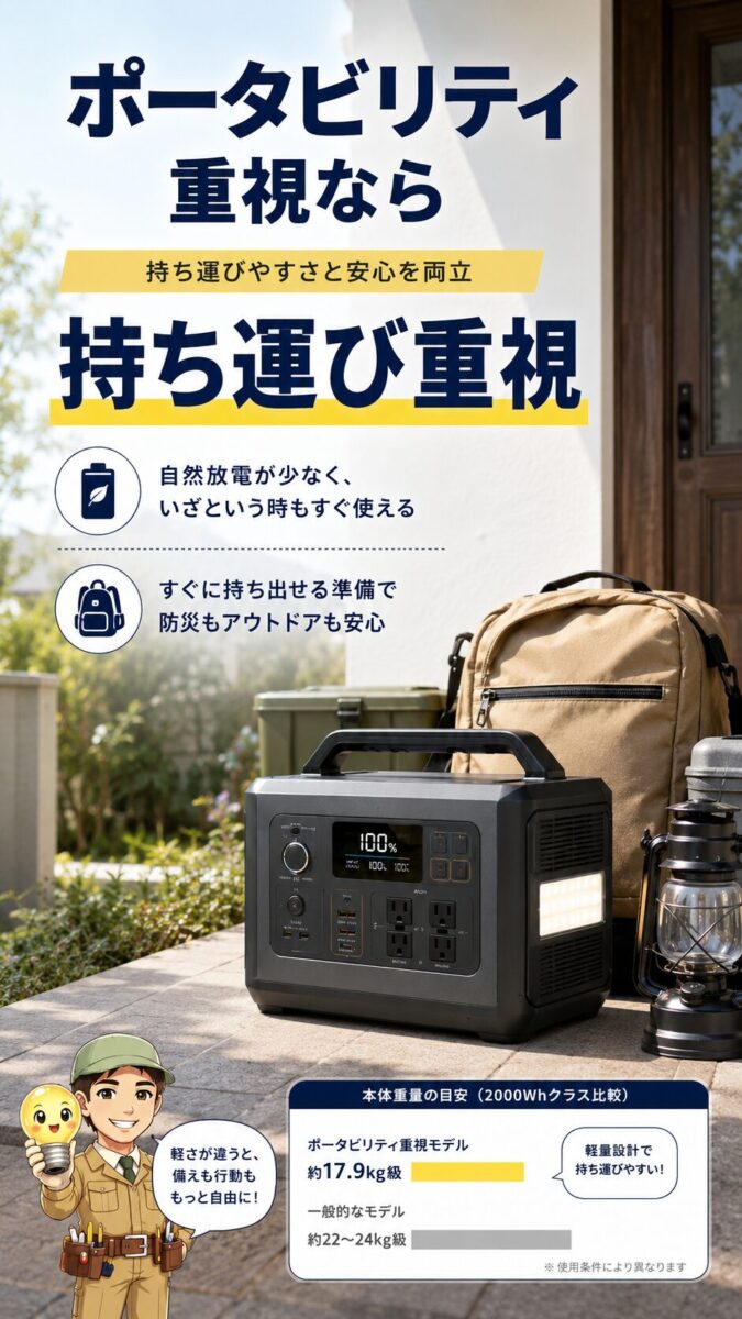 軽量な2000Whクラスのポータブル電源を持ち運びや防災備蓄に使う場面を表した画像
