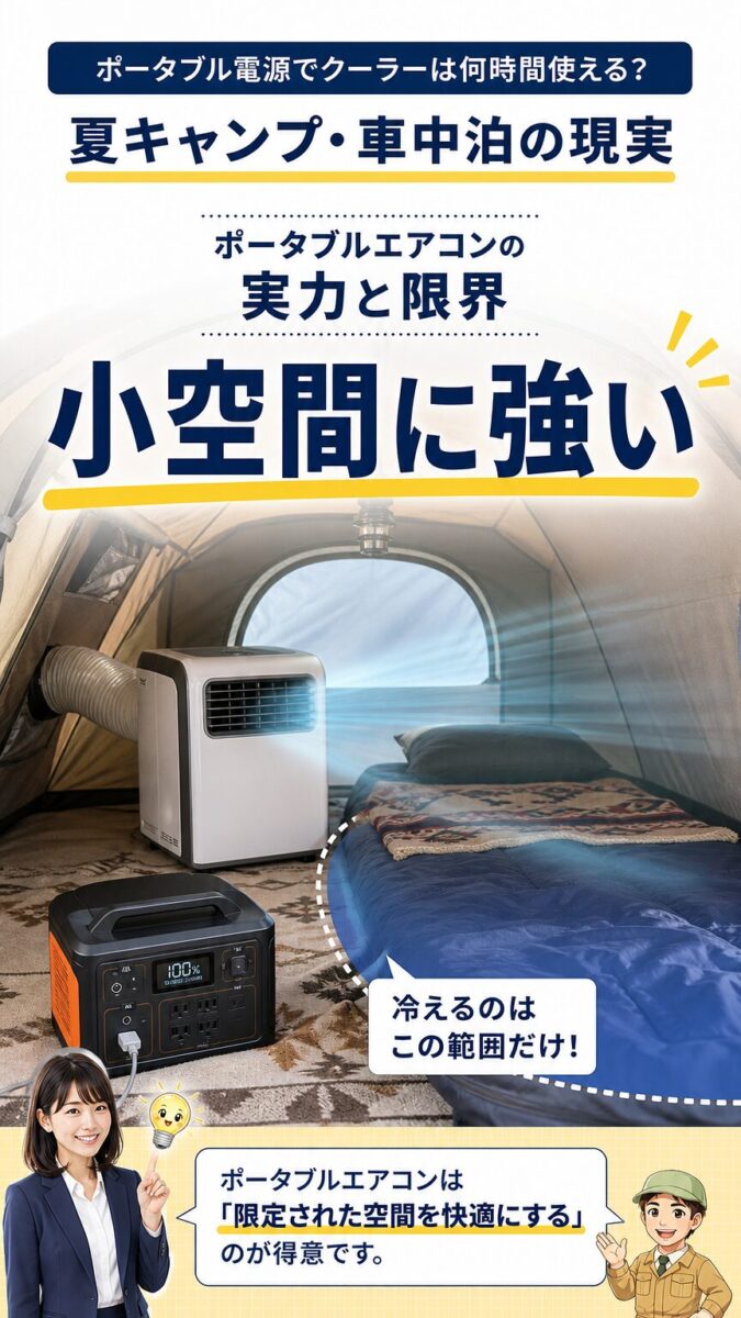 ポータブルエアコンは小さな空間向きで広い空間には限界があることを示す画像