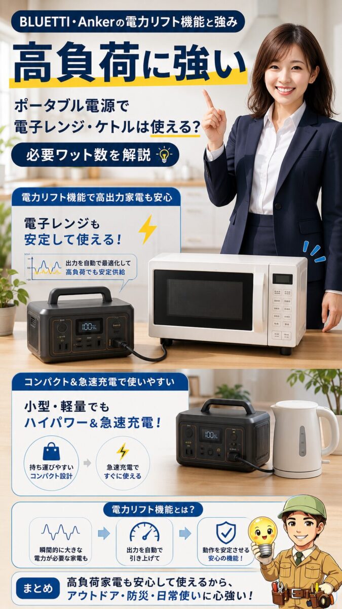 電力リフト機能や急速充電に強いポータブル電源の特徴を示す画像