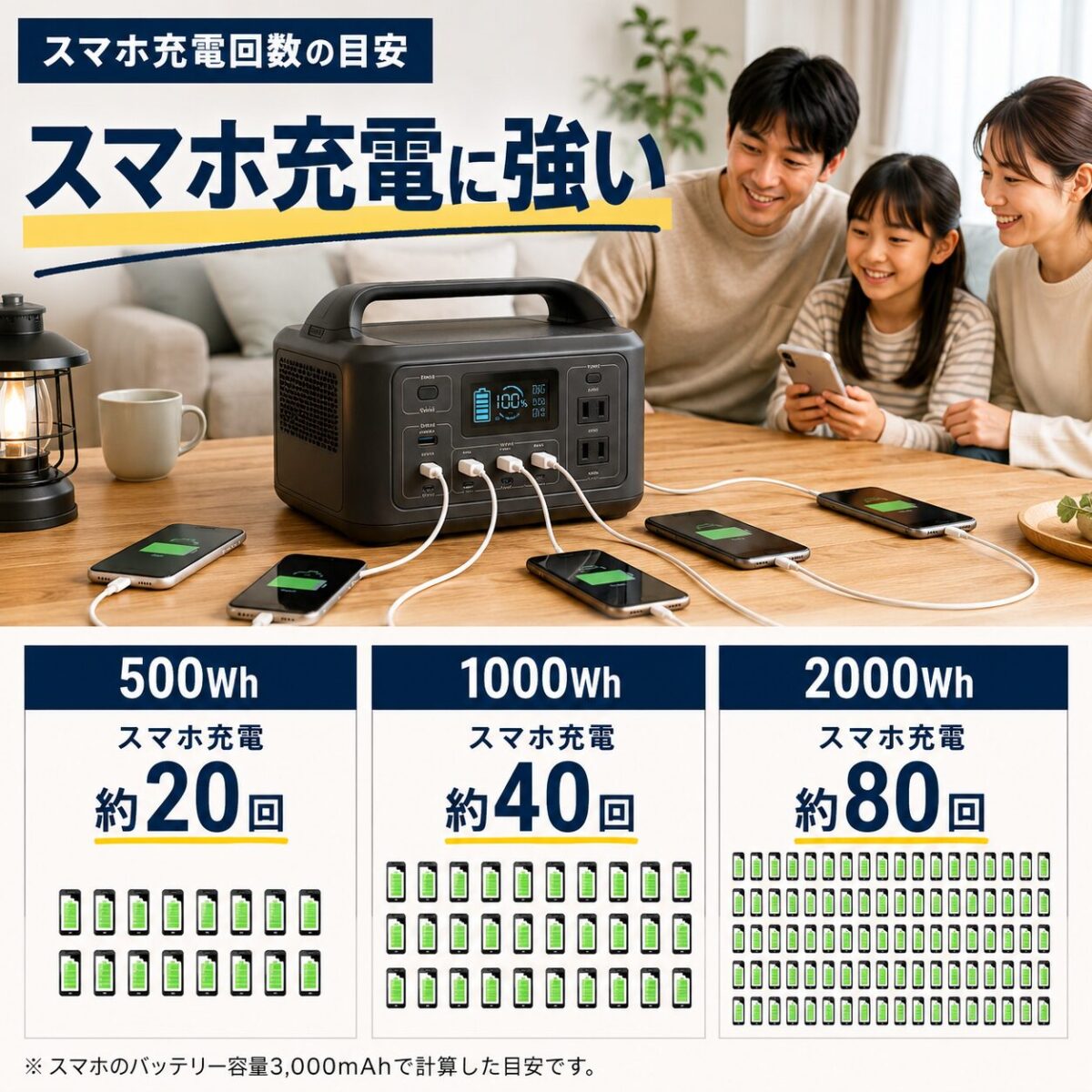 ポータブル電源で複数のスマホを何回も充電できるイメージ