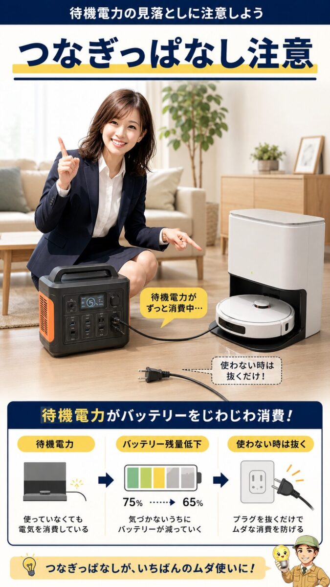 ロボット掃除機の待機電力がポータブル電源の容量を減らすことを示す縦型画像