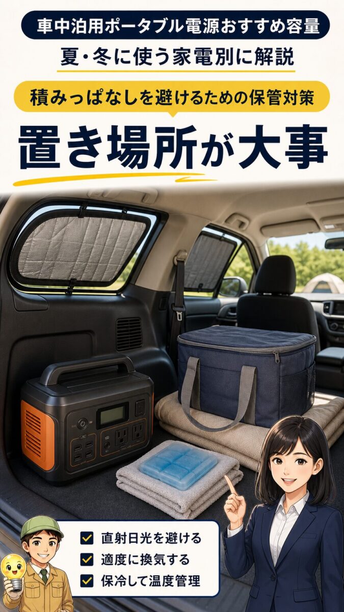 サンシェードや保冷バッグでポータブル電源を守る保管対策のイメージ