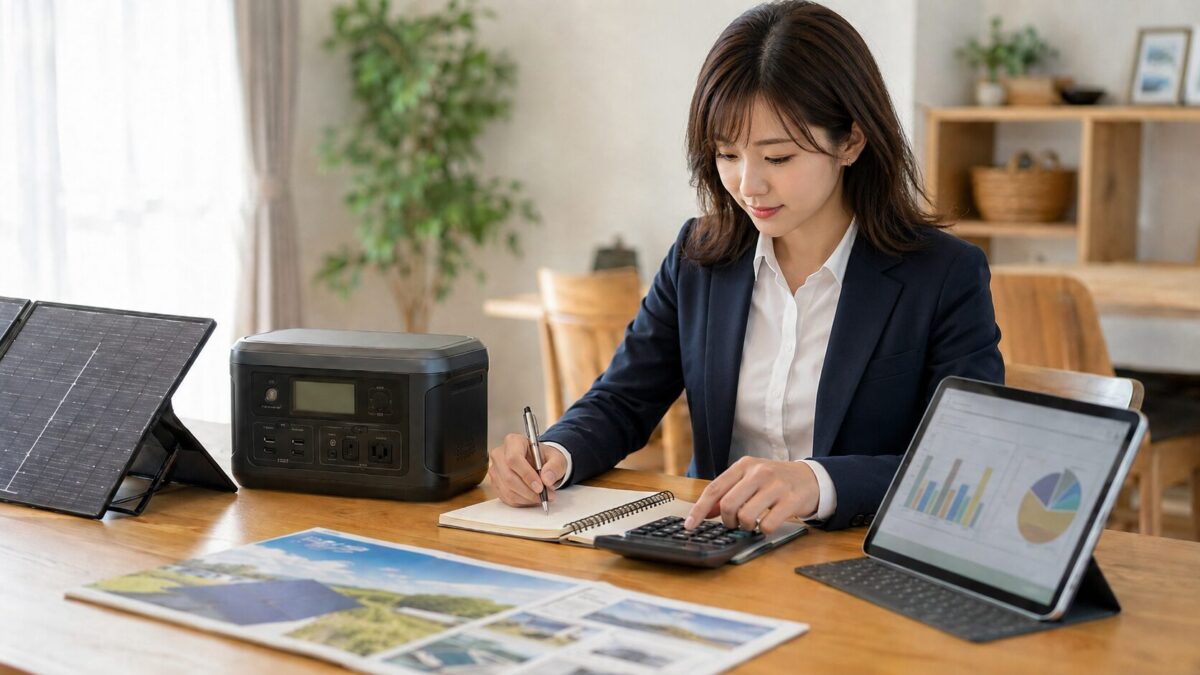ポータブル電源とソーラーパネルの充電時間や使用時間を計算する女性