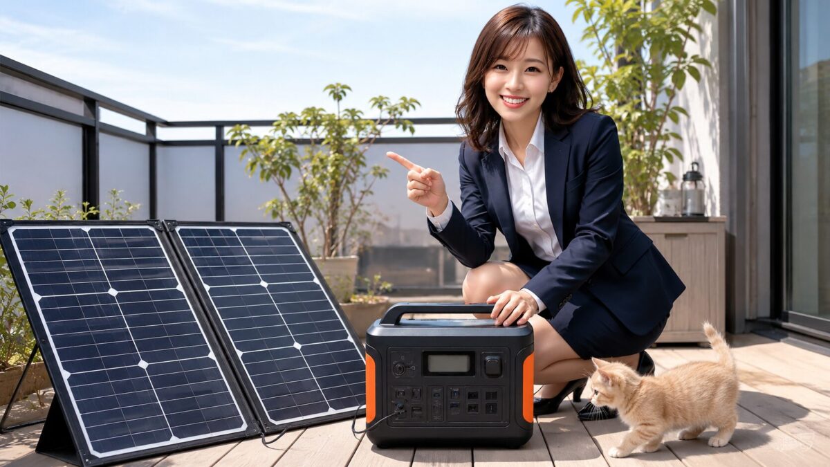 自宅のバルコニーで日本人女性がポータブル電源とソーラーパネルを並べ、子猫と一緒に節電や防災対策を確認している画像