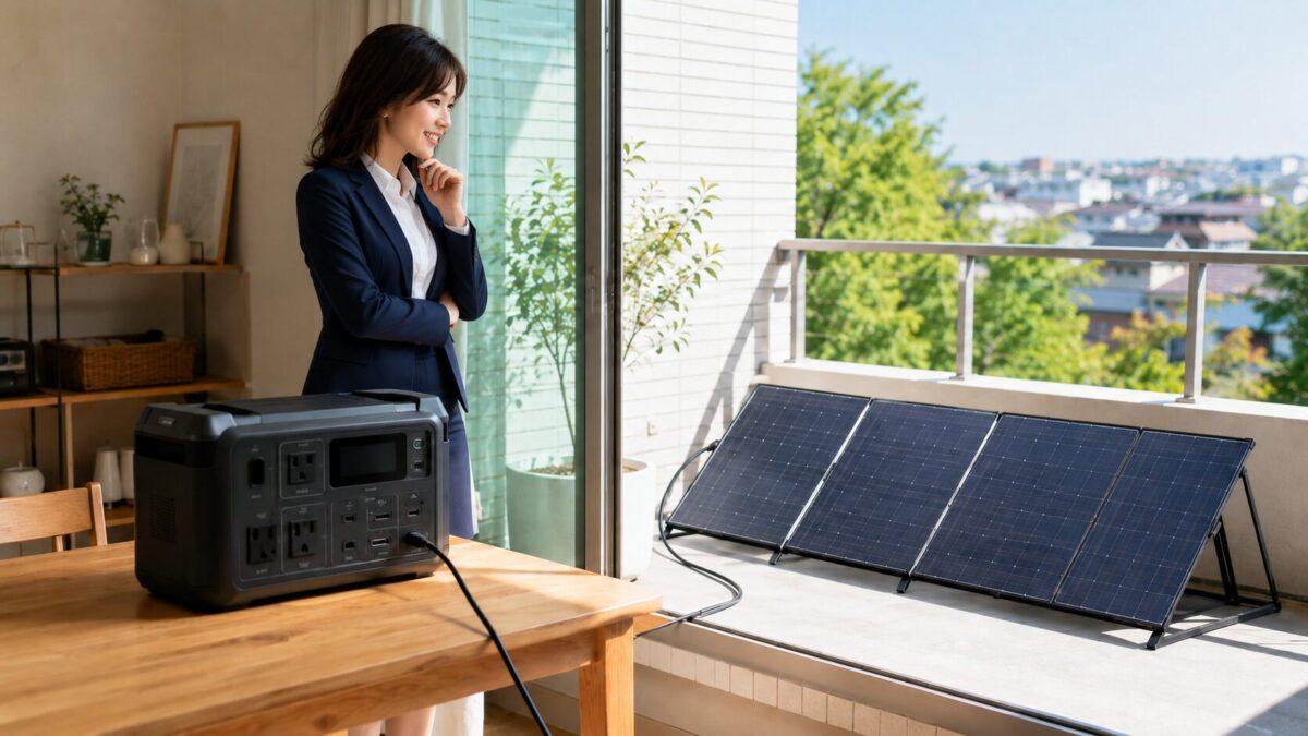 自宅のベランダでソーラーパネルを使いポータブル電源を充電する女性