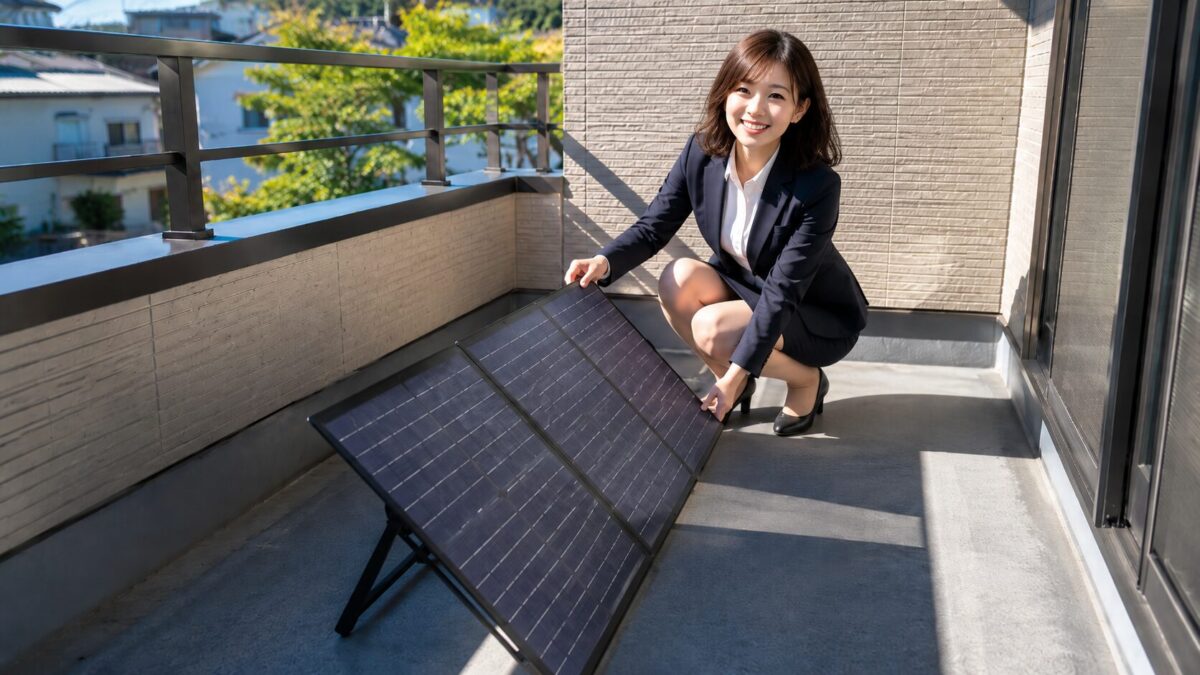 ベランダでソーラーパネルの角度を調整して発電効率を高める女性