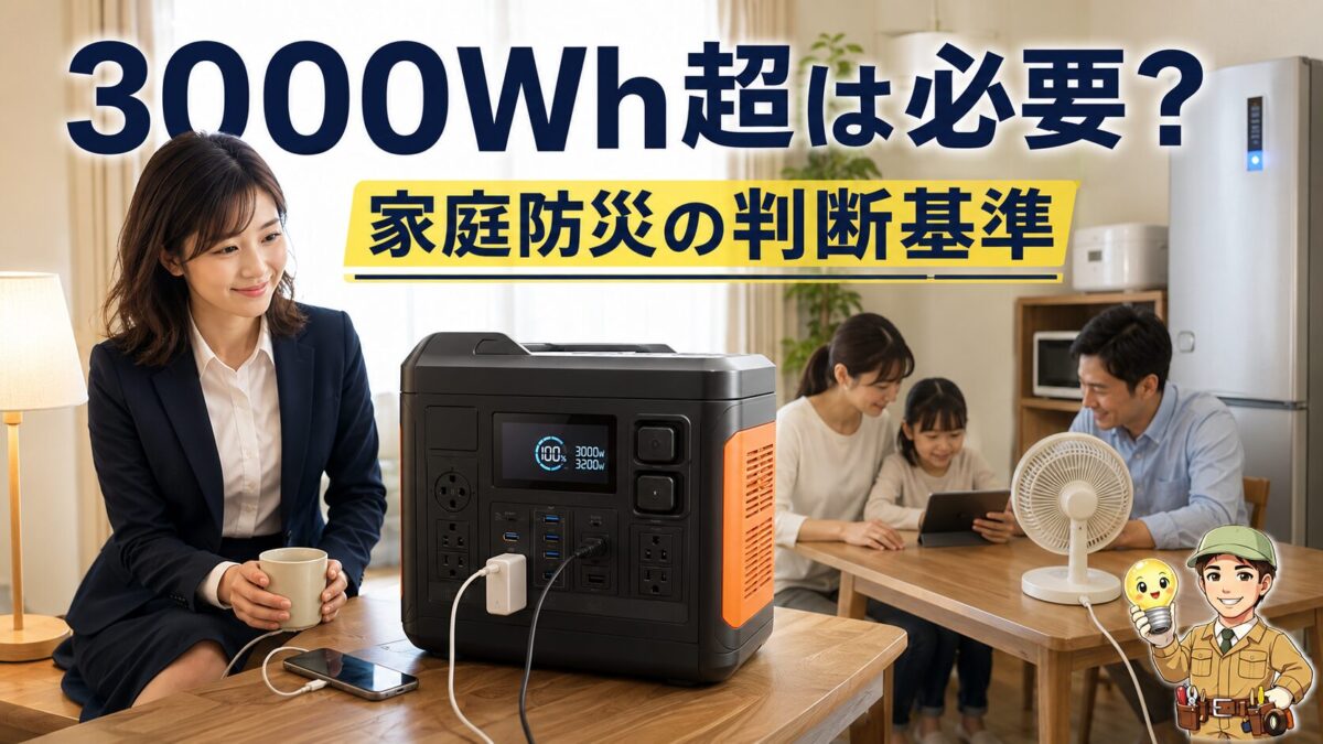 停電した家庭で冷蔵庫や照明に給電する3000Wh超の大型ポータブル電源