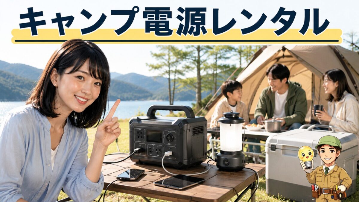 キャンプ場でポータブル電源をレンタルして照明や冷蔵庫に給電する家族