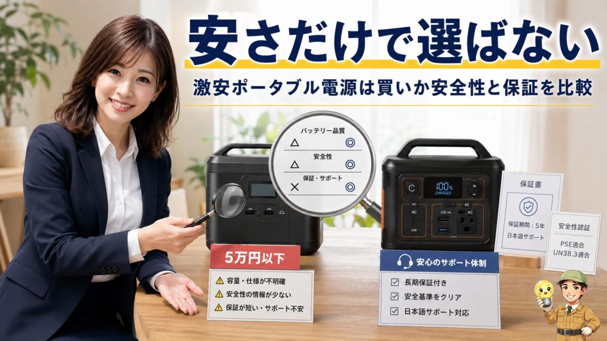 激安ポータブル電源の価格と安全性や保証内容を比較するイメージ