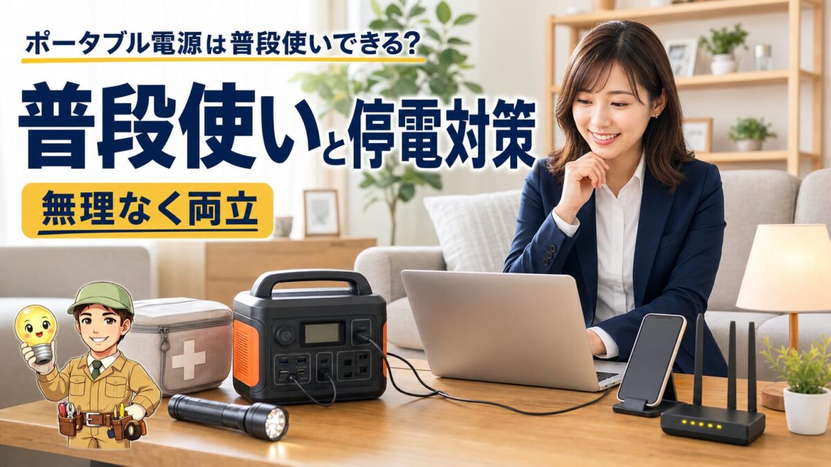 ポータブル電源でパソコンや照明を動かしながら停電にも備える家庭のリビング