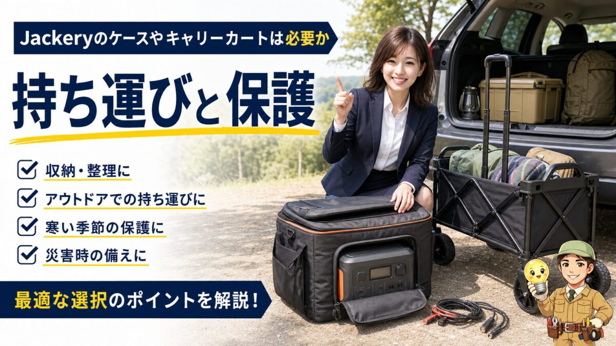 Jackeryのケースやキャリーカート選びを表すアウトドア用ポータブル電源の保護と持ち運びイメージ