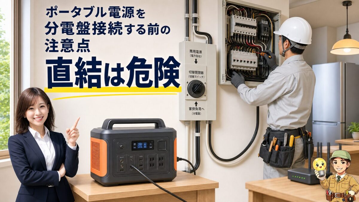 ポータブル電源と分電盤を専用切替器で安全に接続する様子を示した画像