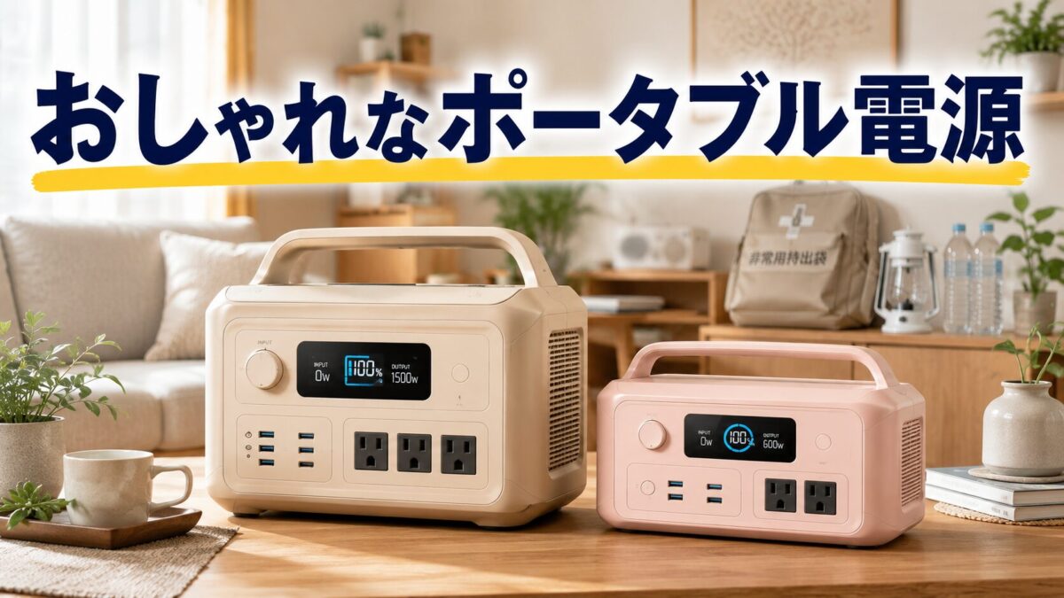おしゃれなポータブル電源がリビングになじむ様子