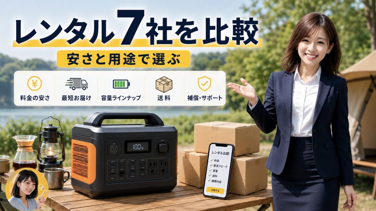 キャンプ場のポータブル電源とレンタル7社の安さや用途を比較するイメージ