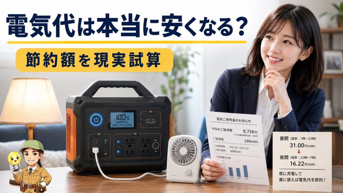 ポータブル電源を家庭で使い電気代の節約効果を現実的に検証するイメージ