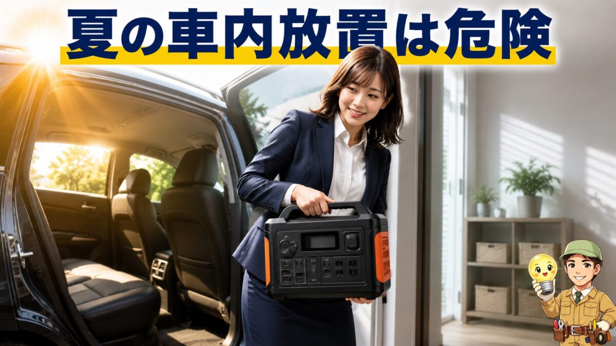 夏の高温な車内から涼しい室内へポータブル電源を移動する様子
