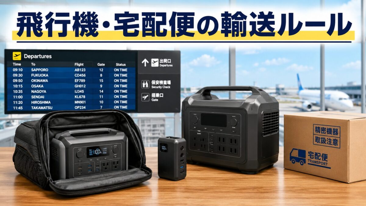 空港の旅行バッグと宅配用の箱のそばに置かれたポータブル電源と飛行機・宅配便の輸送ルール