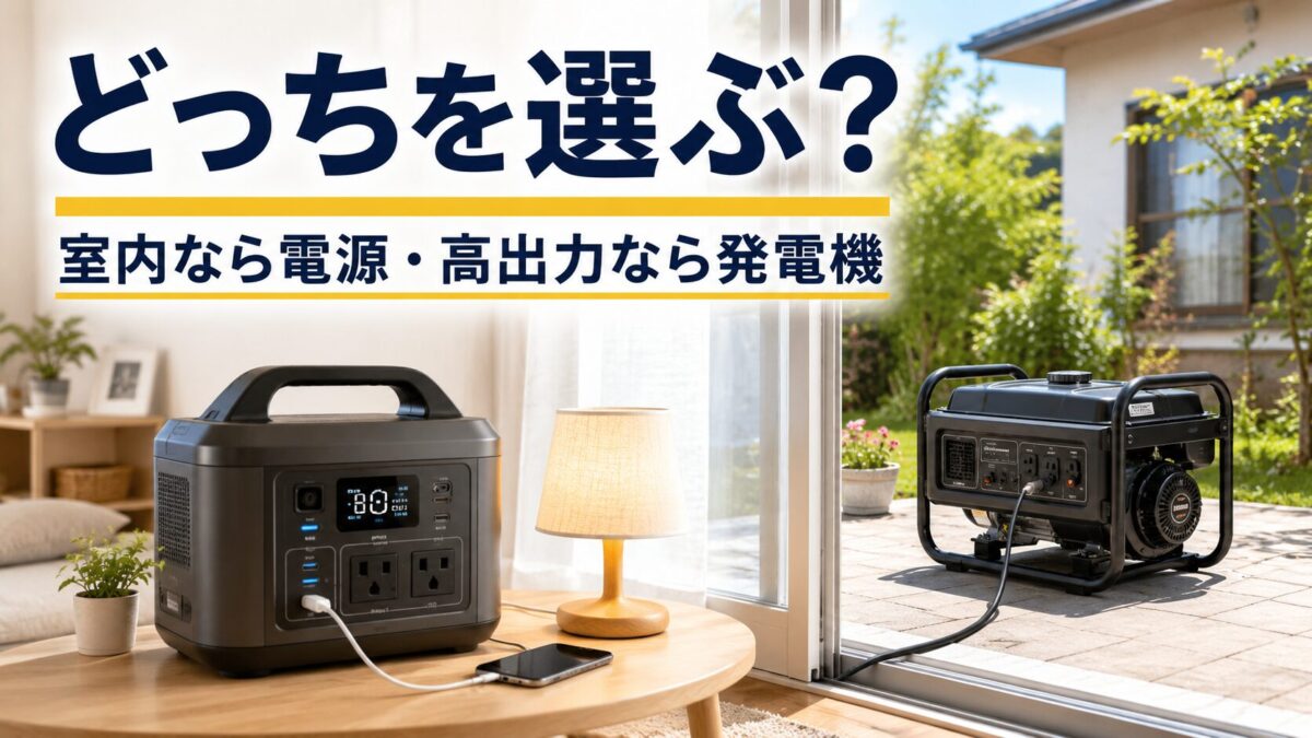 ポータブル電源と発電機を室内利用と高出力の違いで比較したアイキャッチ画像