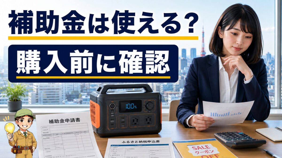 ポータブル電源と自治体補助金、ふるさと納税、セールによる節約方法を表現したアイキャッチ画像