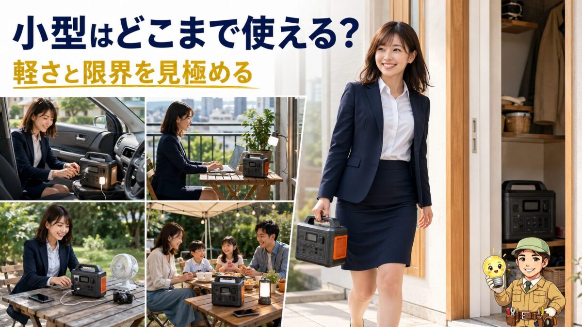 片手で持てる小型ポータブル電源と大型モデルの使いやすさを比較した画像