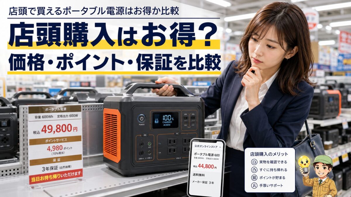 店頭のポータブル電源を価格やポイント還元や保証で比較するイメージ