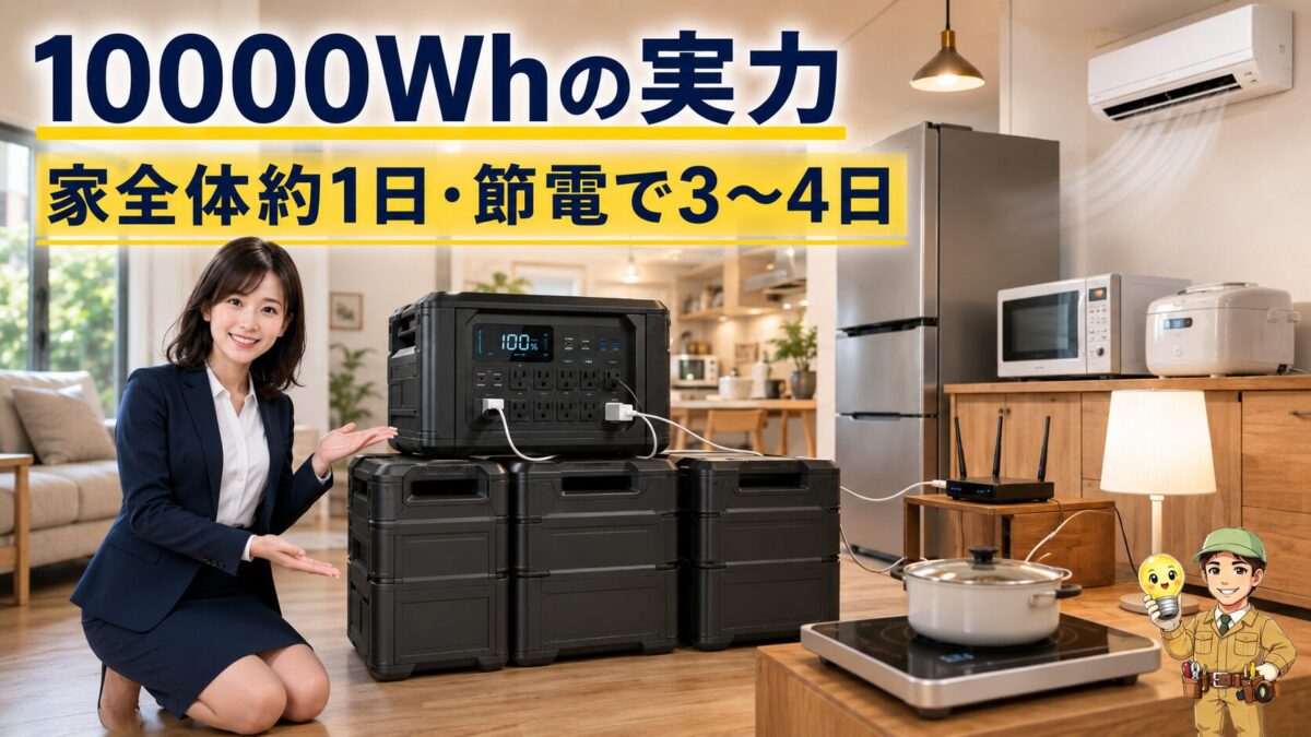 10000Wh級ポータブル電源が家庭の主要家電を動かす画像