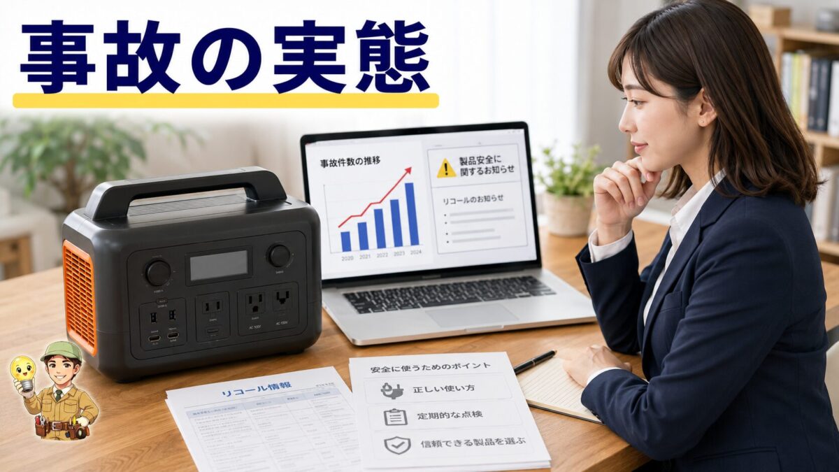 ポータブル電源と事故情報を確認するパソコン画面