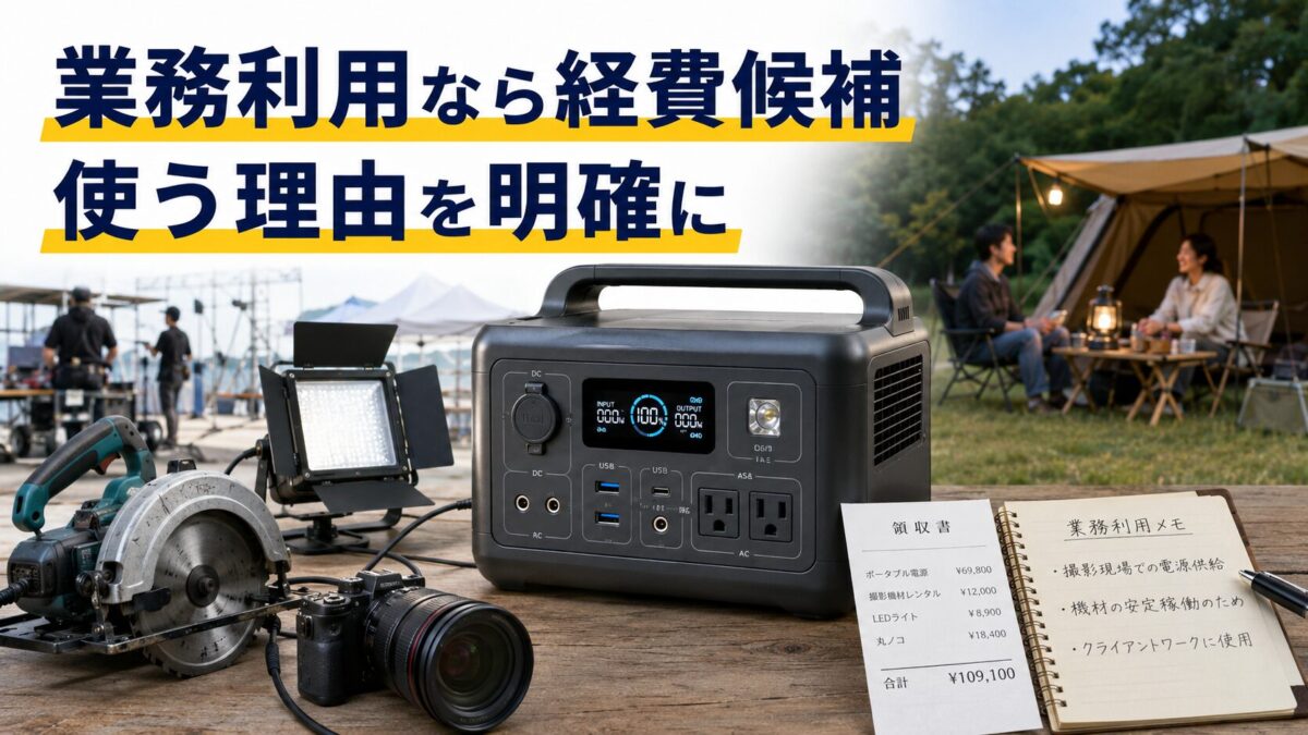 現場作業や屋外イベントで使うポータブル電源と事業利用の証拠を表現した画像
