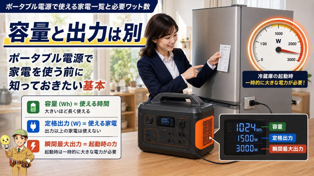 容量と定格出力と起動電力の違いを確認するポータブル電源