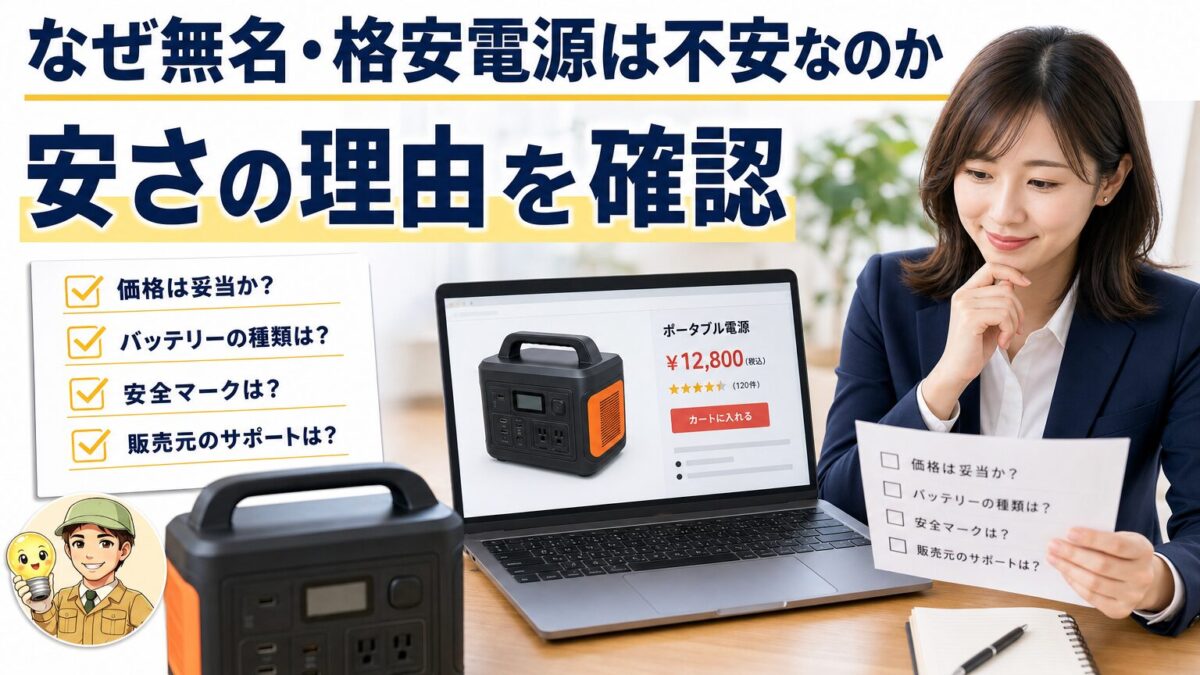 格安ポータブル電源の不安要素を購入前チェックで確認する画像