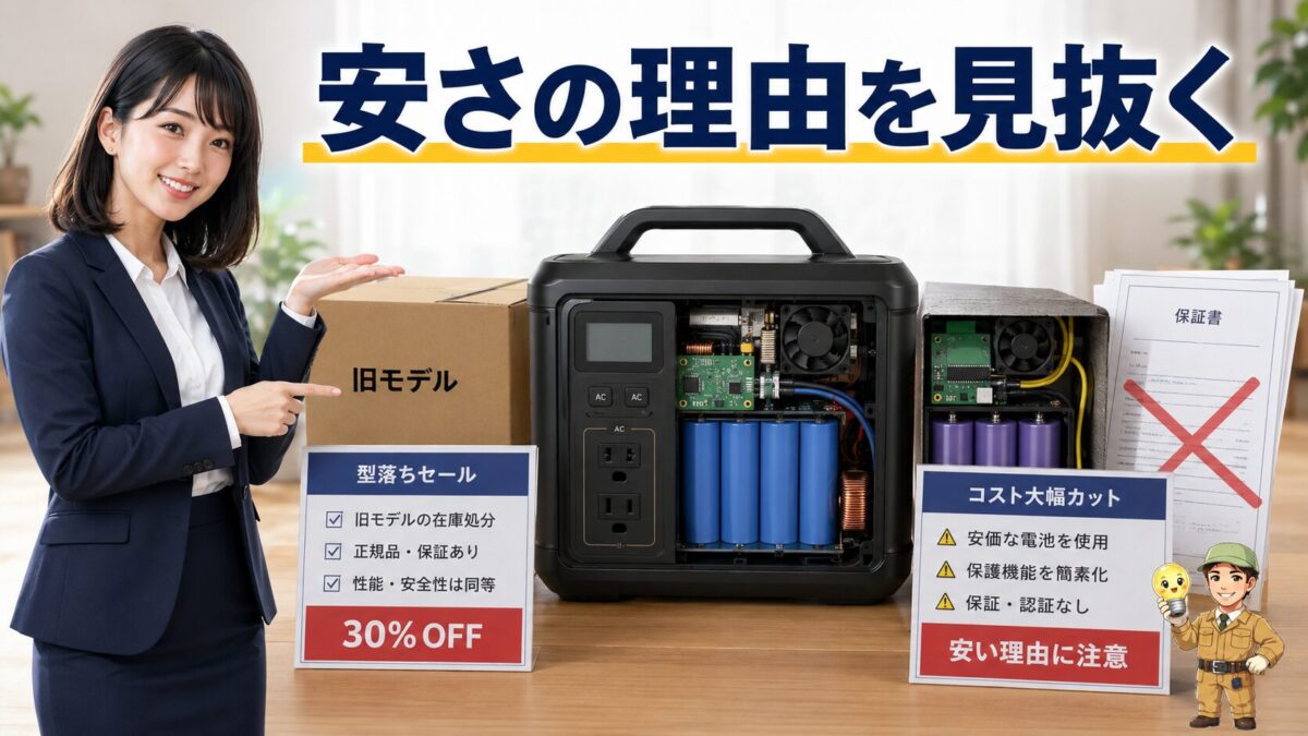型落ちセールと内部部品のコスト削減による価格差を示すポータブル電源