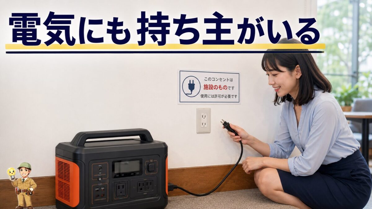 公共のコンセントを使う前に電気の持ち主を意識する場面