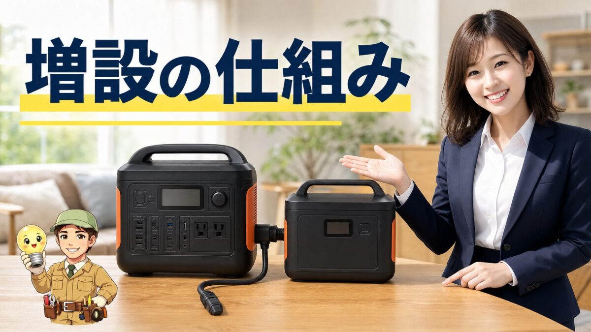 ポータブル電源と拡張バッテリーを接続する増設システムのイメージ