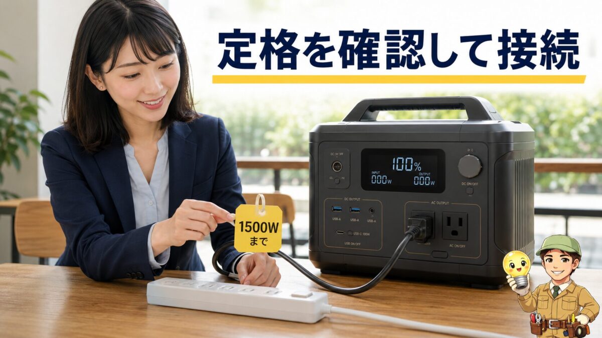 ポータブル電源と延長コードの定格表示を確認しながら安全に接続する様子