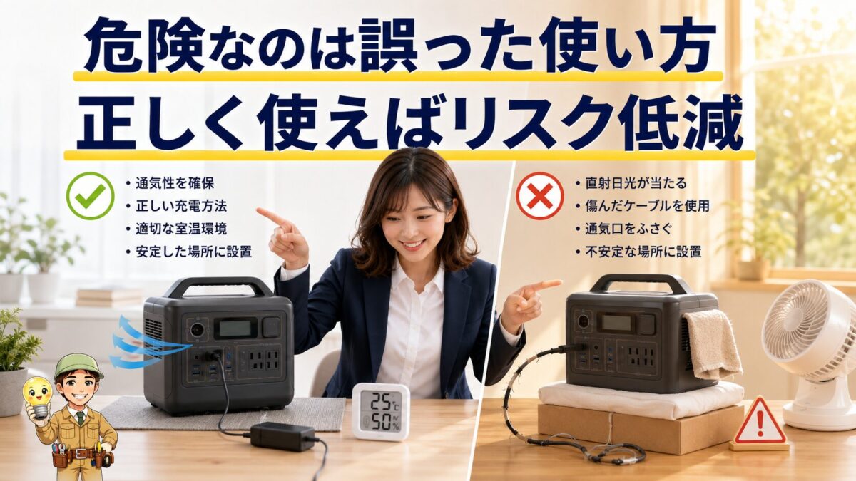 安全な使用環境と危険な使用条件を比較してポータブル電源の発火リスクを示した画像