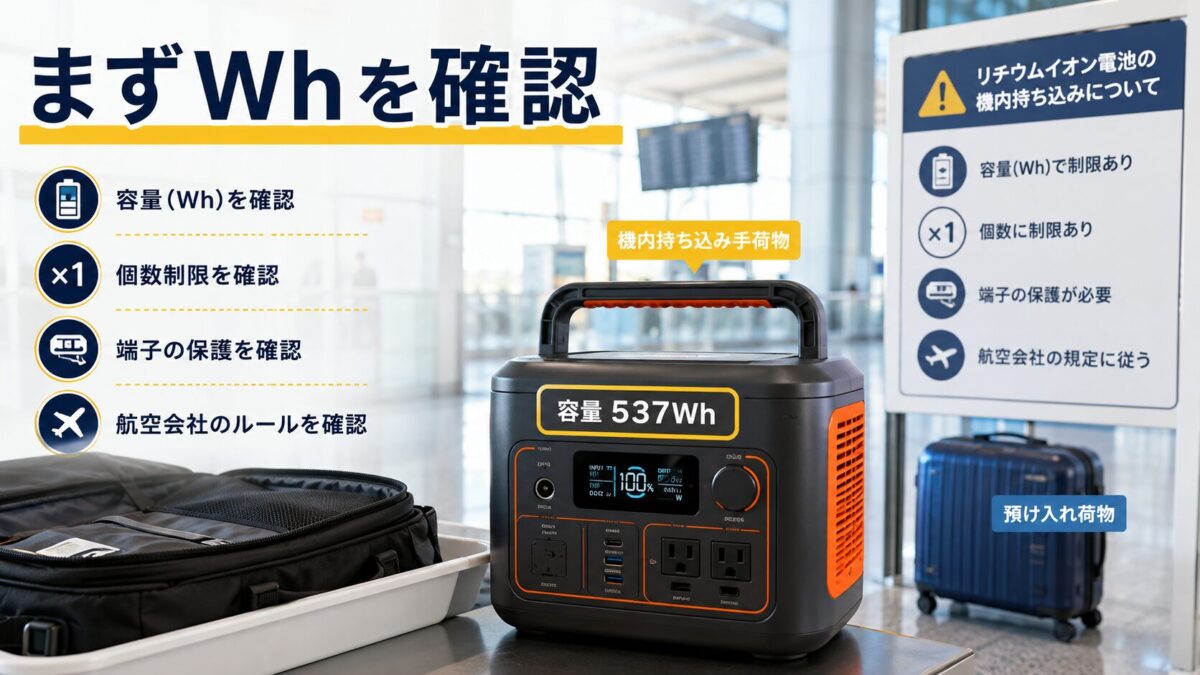 空港の手荷物準備スペースでWh表示を確認するポータブル電源
