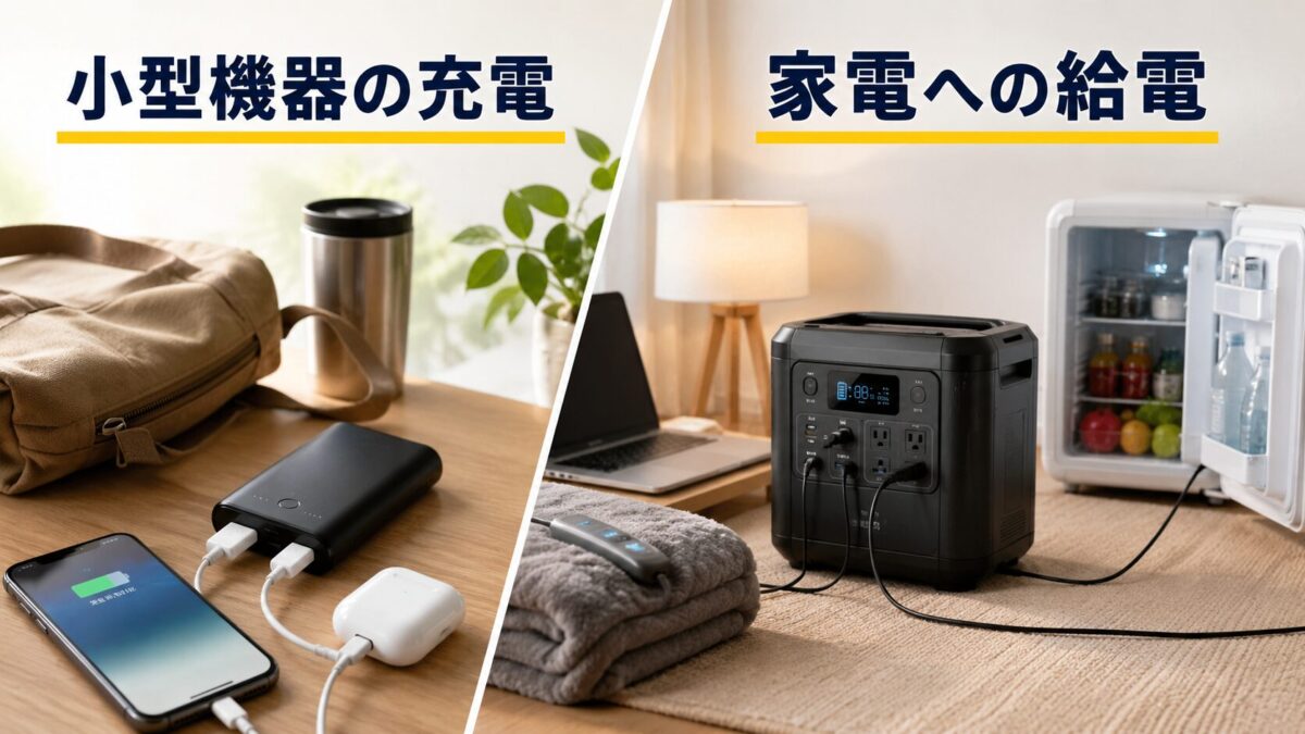 小型機器向けモバイルバッテリーと家電向けポータブル電源の役割を比較した画像