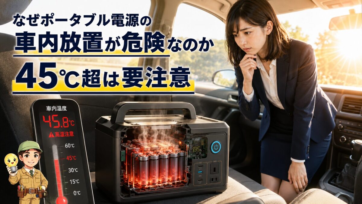 45度を超える車内で熱の影響を受けるポータブル電源