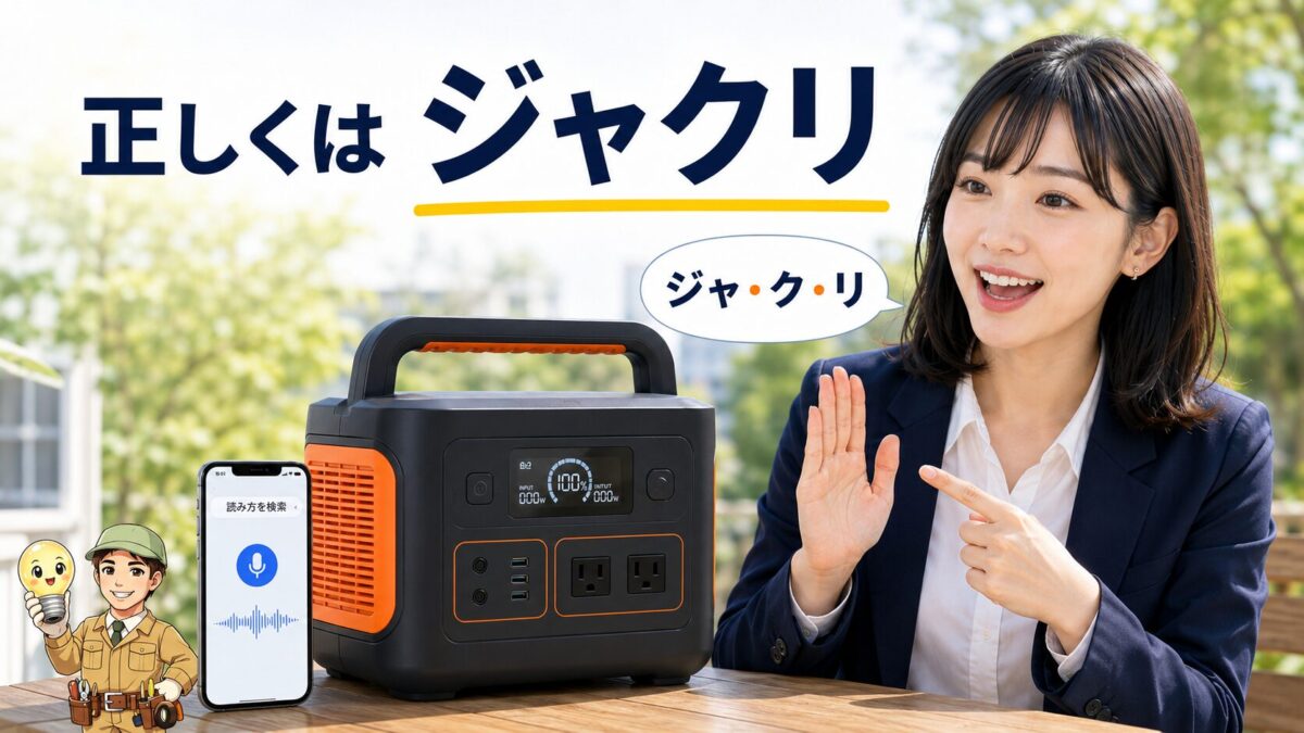 Jackeryの正しい読み方がジャクリであることを音声検索とポータブル電源で表した画像